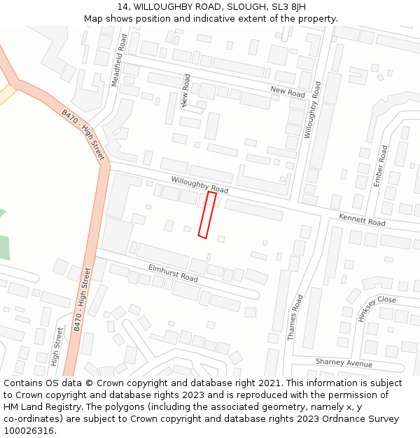 14, WILLOUGHBY ROAD, SLOUGH, SL3 8JH: Location map and indicative extent of plot