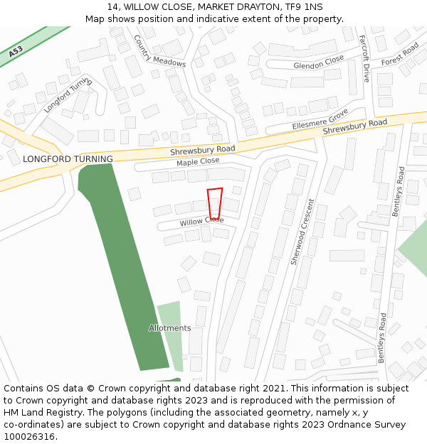 14, WILLOW CLOSE, MARKET DRAYTON, TF9 1NS: Location map and indicative extent of plot