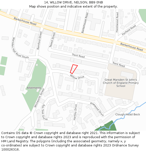 14, WILLOW DRIVE, NELSON, BB9 0NB: Location map and indicative extent of plot