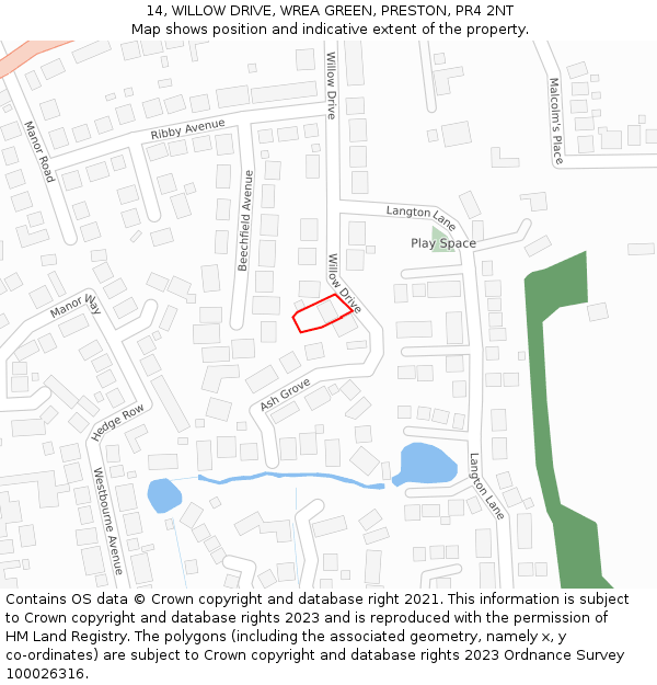 14, WILLOW DRIVE, WREA GREEN, PRESTON, PR4 2NT: Location map and indicative extent of plot