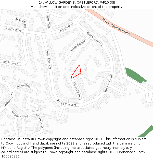 14, WILLOW GARDENS, CASTLEFORD, WF10 3SJ: Location map and indicative extent of plot