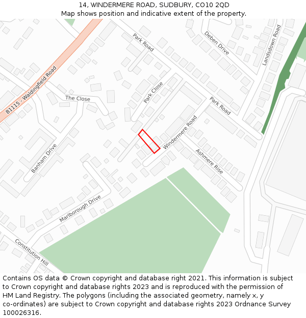 14, WINDERMERE ROAD, SUDBURY, CO10 2QD: Location map and indicative extent of plot