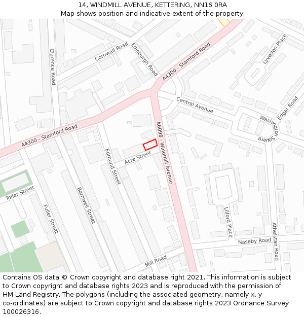 14, WINDMILL AVENUE, KETTERING, NN16 0RA: Location map and indicative extent of plot