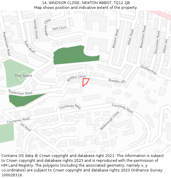 14, WINDSOR CLOSE, NEWTON ABBOT, TQ12 1JB: Location map and indicative extent of plot