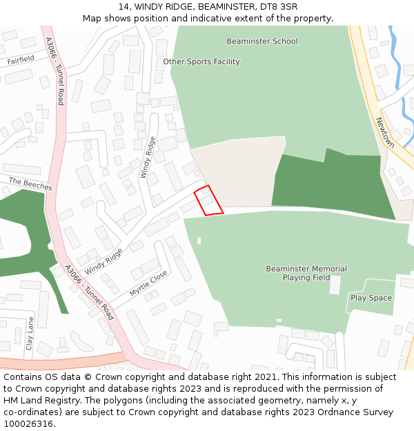 14, WINDY RIDGE, BEAMINSTER, DT8 3SR: Location map and indicative extent of plot