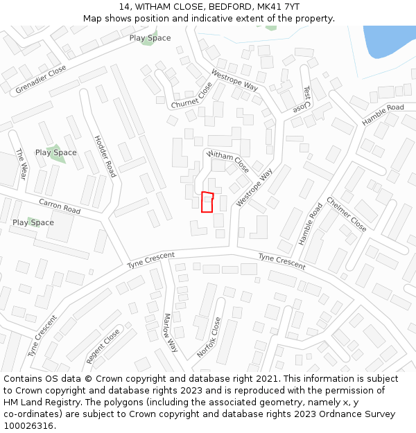 14, WITHAM CLOSE, BEDFORD, MK41 7YT: Location map and indicative extent of plot