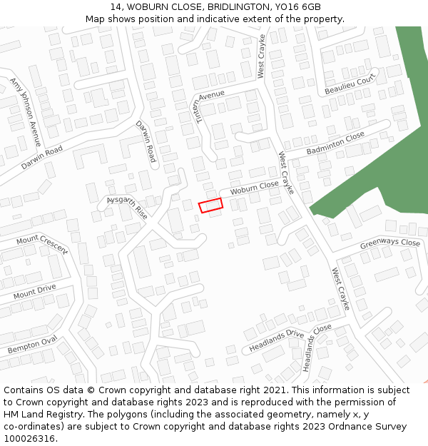 14, WOBURN CLOSE, BRIDLINGTON, YO16 6GB: Location map and indicative extent of plot