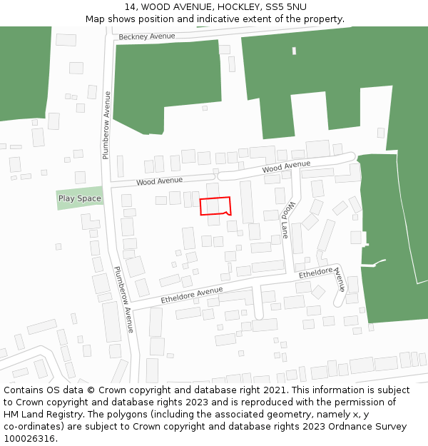 14, WOOD AVENUE, HOCKLEY, SS5 5NU: Location map and indicative extent of plot