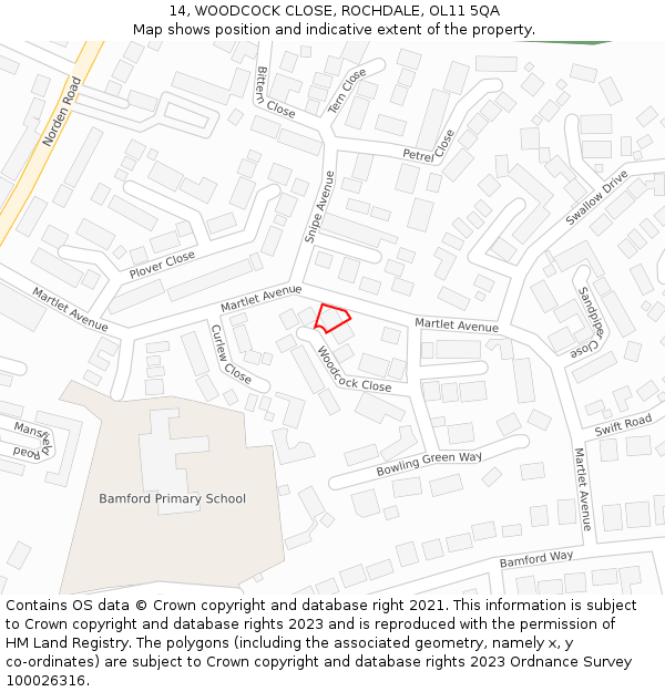 14, WOODCOCK CLOSE, ROCHDALE, OL11 5QA: Location map and indicative extent of plot