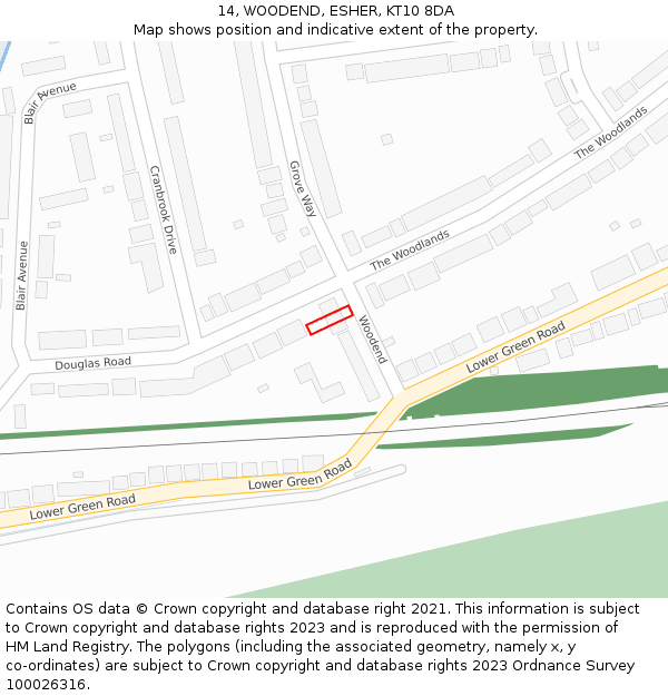 14, WOODEND, ESHER, KT10 8DA: Location map and indicative extent of plot