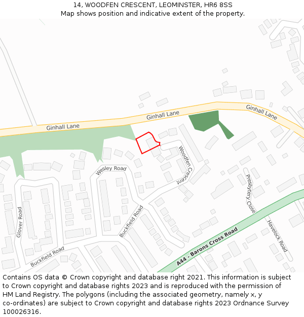 14, WOODFEN CRESCENT, LEOMINSTER, HR6 8SS: Location map and indicative extent of plot
