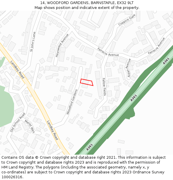 14, WOODFORD GARDENS, BARNSTAPLE, EX32 9LT: Location map and indicative extent of plot