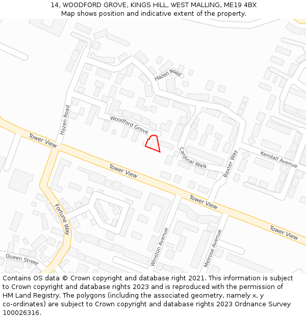 14, WOODFORD GROVE, KINGS HILL, WEST MALLING, ME19 4BX: Location map and indicative extent of plot