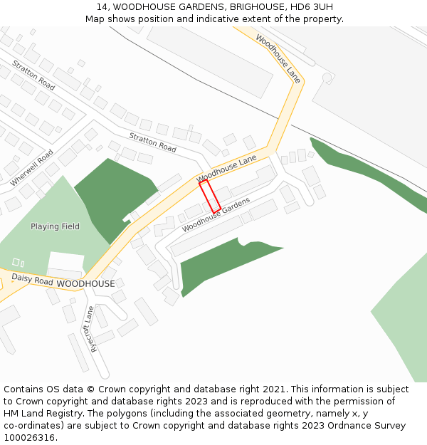 14, WOODHOUSE GARDENS, BRIGHOUSE, HD6 3UH: Location map and indicative extent of plot