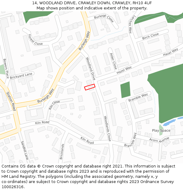 14, WOODLAND DRIVE, CRAWLEY DOWN, CRAWLEY, RH10 4UF: Location map and indicative extent of plot