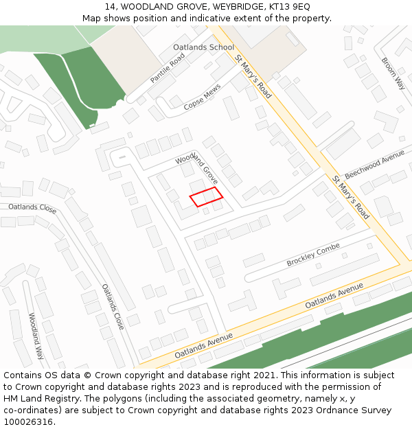 14, WOODLAND GROVE, WEYBRIDGE, KT13 9EQ: Location map and indicative extent of plot