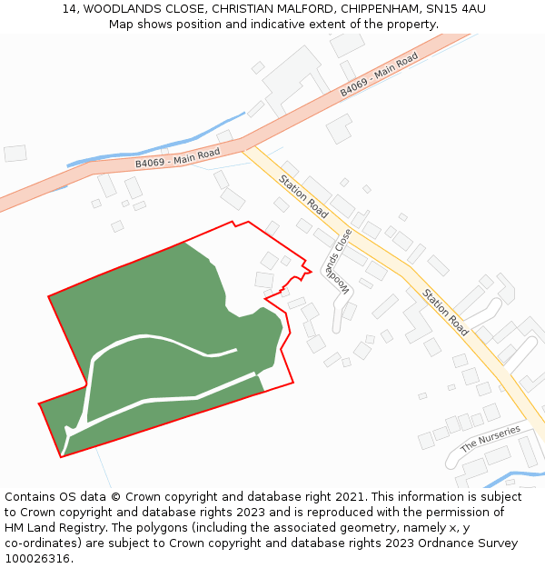 14, WOODLANDS CLOSE, CHRISTIAN MALFORD, CHIPPENHAM, SN15 4AU: Location map and indicative extent of plot