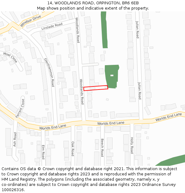 14, WOODLANDS ROAD, ORPINGTON, BR6 6EB: Location map and indicative extent of plot