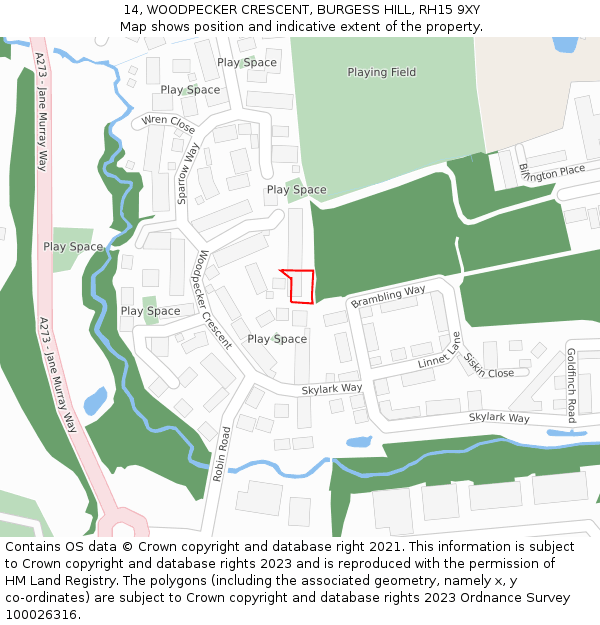 14, WOODPECKER CRESCENT, BURGESS HILL, RH15 9XY: Location map and indicative extent of plot