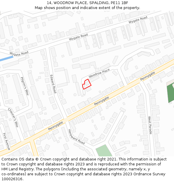 14, WOODROW PLACE, SPALDING, PE11 1BF: Location map and indicative extent of plot