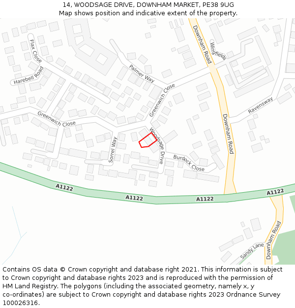 14, WOODSAGE DRIVE, DOWNHAM MARKET, PE38 9UG: Location map and indicative extent of plot