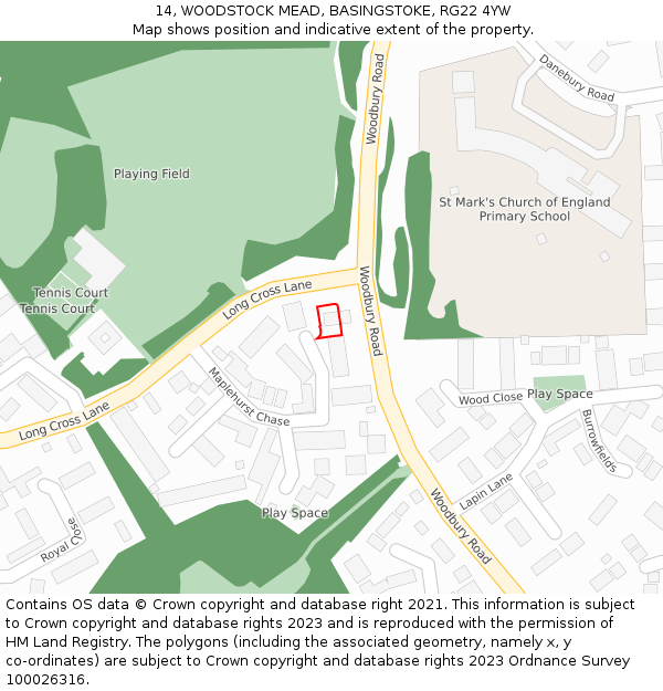 14, WOODSTOCK MEAD, BASINGSTOKE, RG22 4YW: Location map and indicative extent of plot