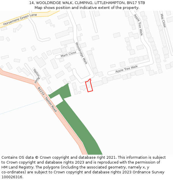 14, WOOLDRIDGE WALK, CLIMPING, LITTLEHAMPTON, BN17 5TB: Location map and indicative extent of plot
