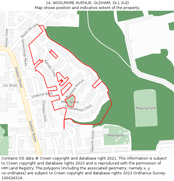 14, WOOLMORE AVENUE, OLDHAM, OL1 2UD: Location map and indicative extent of plot