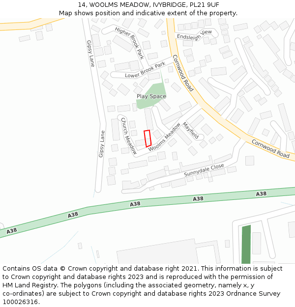 14, WOOLMS MEADOW, IVYBRIDGE, PL21 9UF: Location map and indicative extent of plot