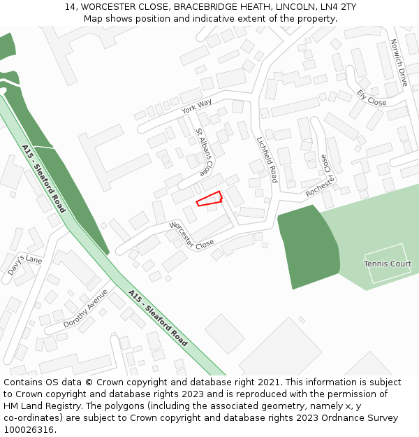 14, WORCESTER CLOSE, BRACEBRIDGE HEATH, LINCOLN, LN4 2TY: Location map and indicative extent of plot