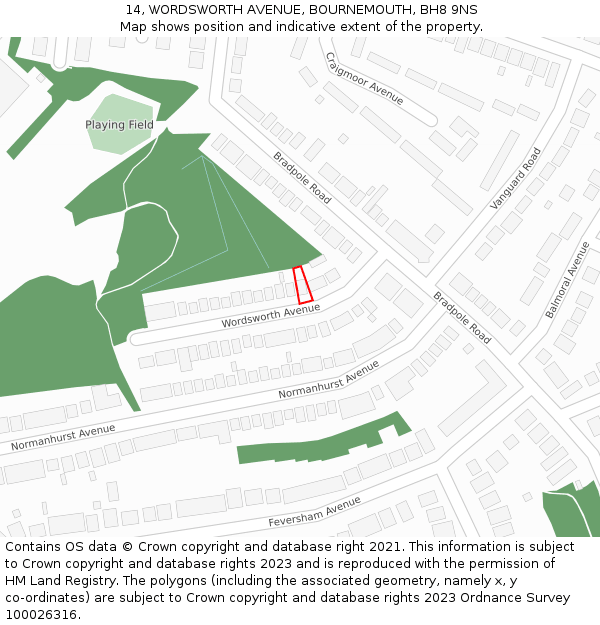 14, WORDSWORTH AVENUE, BOURNEMOUTH, BH8 9NS: Location map and indicative extent of plot