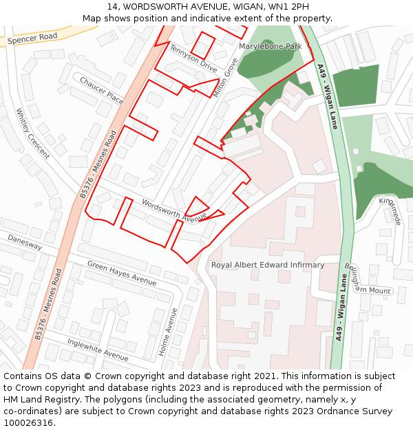 14, WORDSWORTH AVENUE, WIGAN, WN1 2PH: Location map and indicative extent of plot