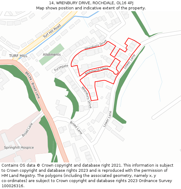 14, WRENBURY DRIVE, ROCHDALE, OL16 4PJ: Location map and indicative extent of plot