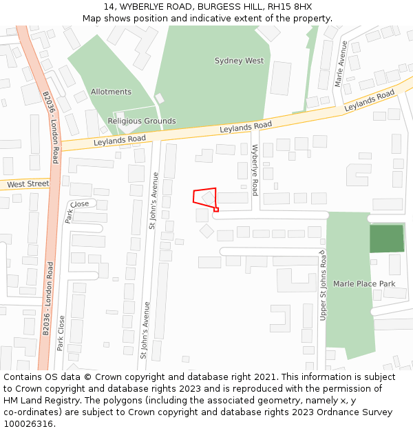 14, WYBERLYE ROAD, BURGESS HILL, RH15 8HX: Location map and indicative extent of plot