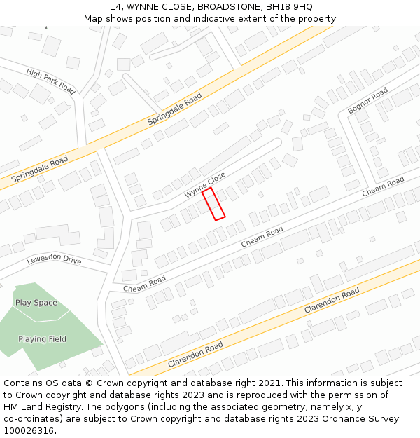 14, WYNNE CLOSE, BROADSTONE, BH18 9HQ: Location map and indicative extent of plot