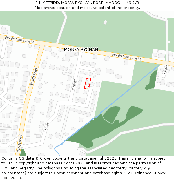 14, Y FFRIDD, MORFA BYCHAN, PORTHMADOG, LL49 9YR: Location map and indicative extent of plot