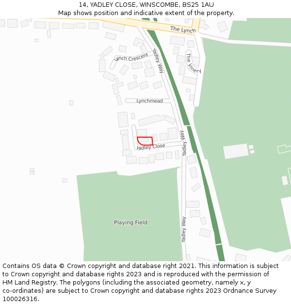 14, YADLEY CLOSE, WINSCOMBE, BS25 1AU: Location map and indicative extent of plot