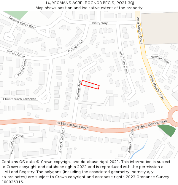 14, YEOMANS ACRE, BOGNOR REGIS, PO21 3QJ: Location map and indicative extent of plot