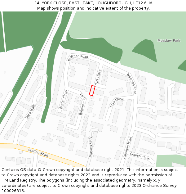 14, YORK CLOSE, EAST LEAKE, LOUGHBOROUGH, LE12 6HA: Location map and indicative extent of plot
