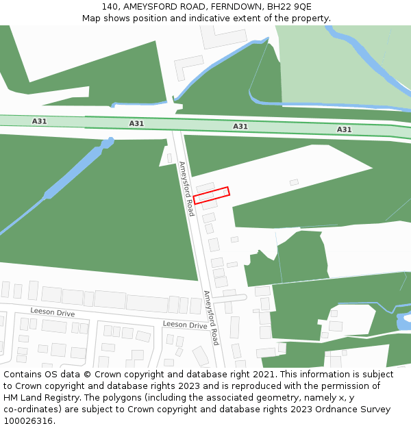 140, AMEYSFORD ROAD, FERNDOWN, BH22 9QE: Location map and indicative extent of plot