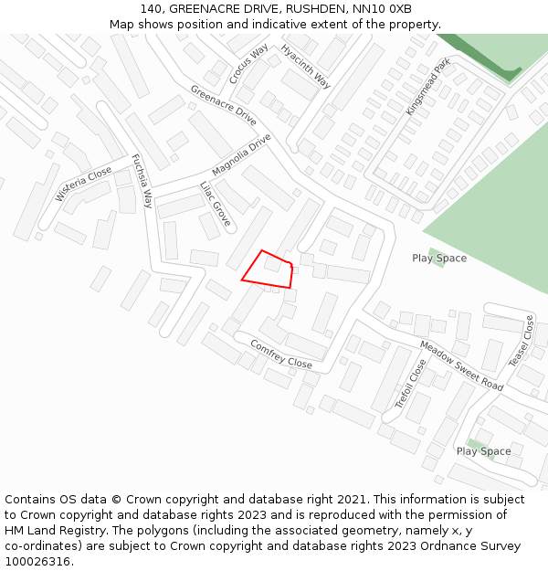 140, GREENACRE DRIVE, RUSHDEN, NN10 0XB: Location map and indicative extent of plot