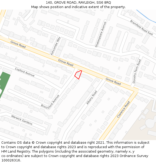 140, GROVE ROAD, RAYLEIGH, SS6 8RQ: Location map and indicative extent of plot