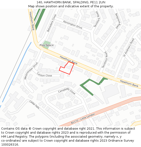 140, HAWTHORN BANK, SPALDING, PE11 2UN: Location map and indicative extent of plot