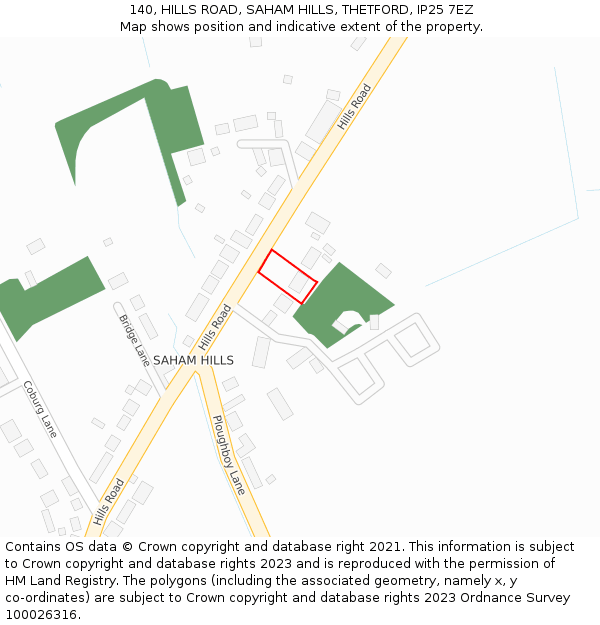 140, HILLS ROAD, SAHAM HILLS, THETFORD, IP25 7EZ: Location map and indicative extent of plot