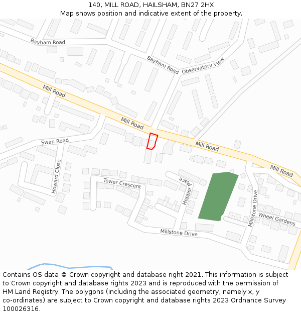 140, MILL ROAD, HAILSHAM, BN27 2HX: Location map and indicative extent of plot