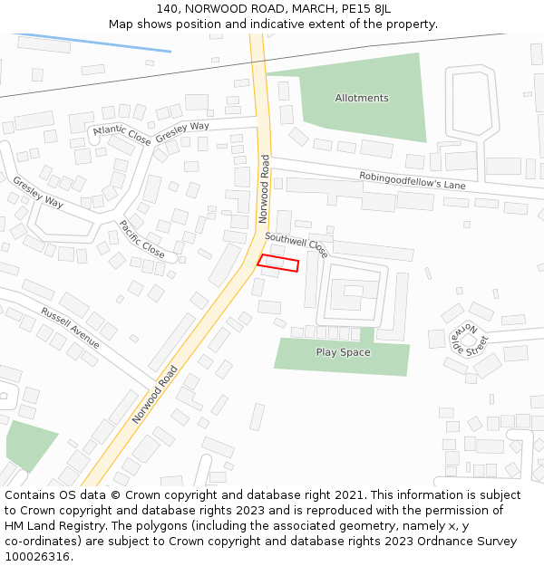 140, NORWOOD ROAD, MARCH, PE15 8JL: Location map and indicative extent of plot