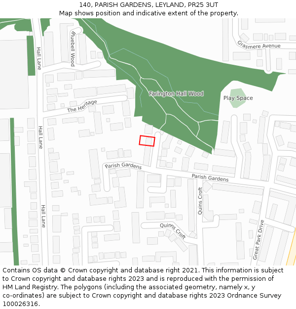140, PARISH GARDENS, LEYLAND, PR25 3UT: Location map and indicative extent of plot