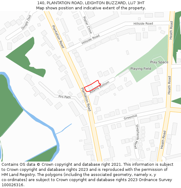 140, PLANTATION ROAD, LEIGHTON BUZZARD, LU7 3HT: Location map and indicative extent of plot