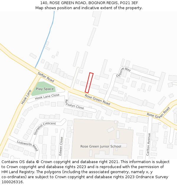 140, ROSE GREEN ROAD, BOGNOR REGIS, PO21 3EF: Location map and indicative extent of plot