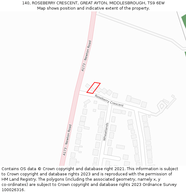 140, ROSEBERRY CRESCENT, GREAT AYTON, MIDDLESBROUGH, TS9 6EW: Location map and indicative extent of plot
